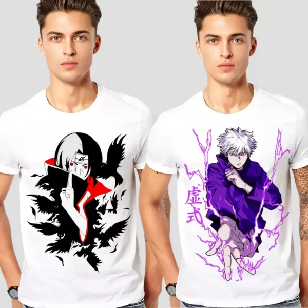 Anime T-shirts | Pack of 2 Men Printed Round Neck Poly Cotton White T-Shirt